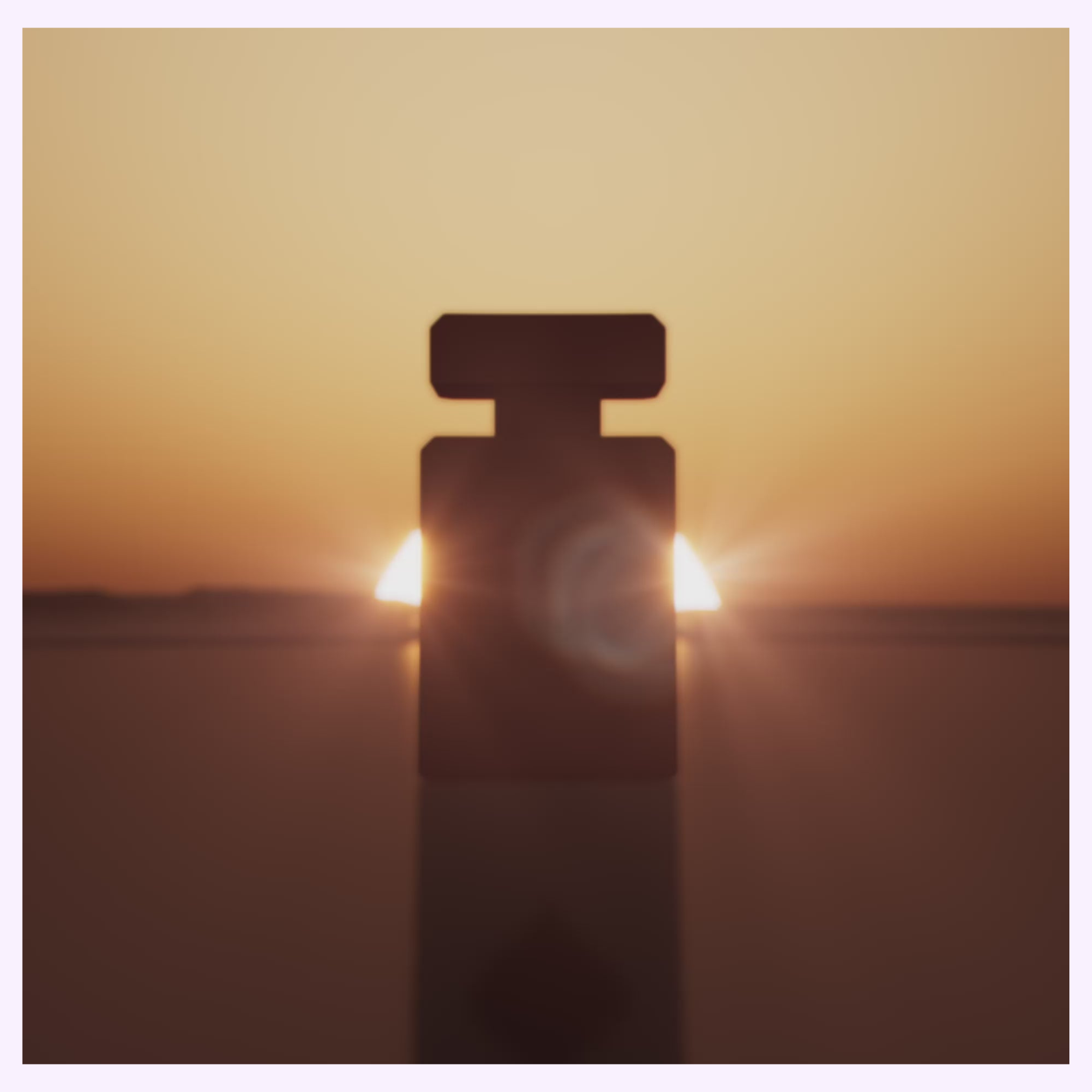 A silhouette of the INITIO Parfums Prives Perfume LIFT ME UP EXTRAIT DE PARFUM 3.0 Oz stands against a golden sunset, sunlight glowing around its edges—a radiant tribute to women’s fragrance by Initio Perfumes.