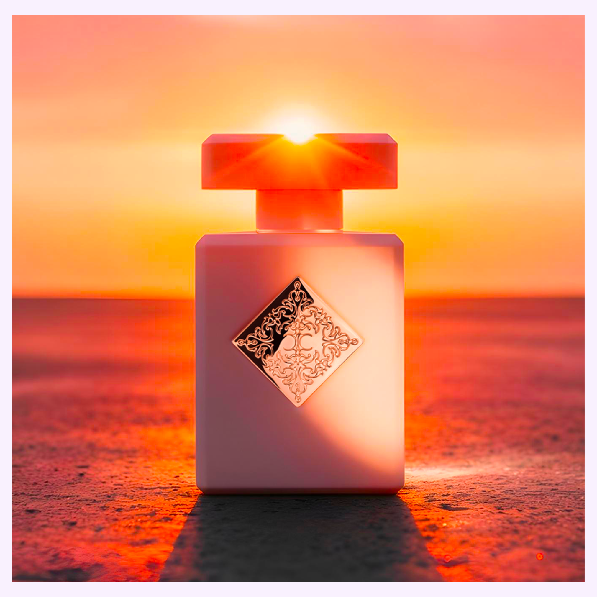An ornate INITIO Parfums Prives LIFT ME UP EXTRAIT DE PARFUM 3.0 Oz bottle for women by Initio Perfumes sits on a surface, glowing in the vibrant orange sunset that backlights the perfume with radiant sunlight.