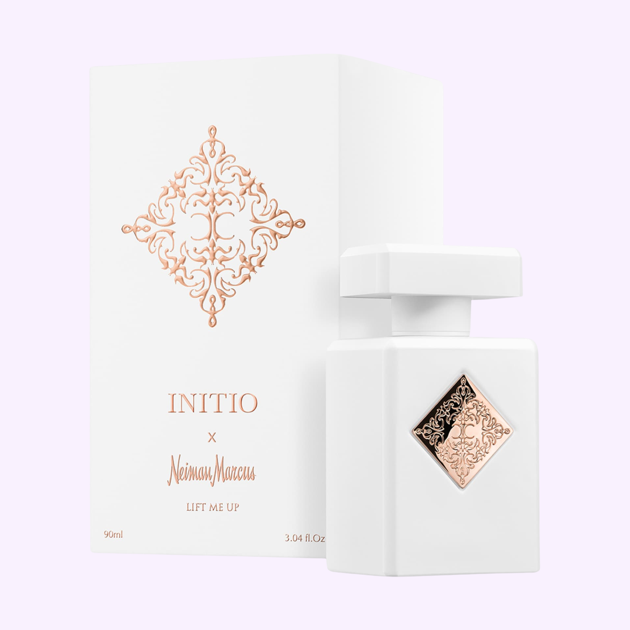 A white Initio Perfumes LIFT ME UP EXTRAIT DE PARFUM 3.0 Oz women’s bottle with a gold emblem is displayed next to its matching elegant, minimalistic box.