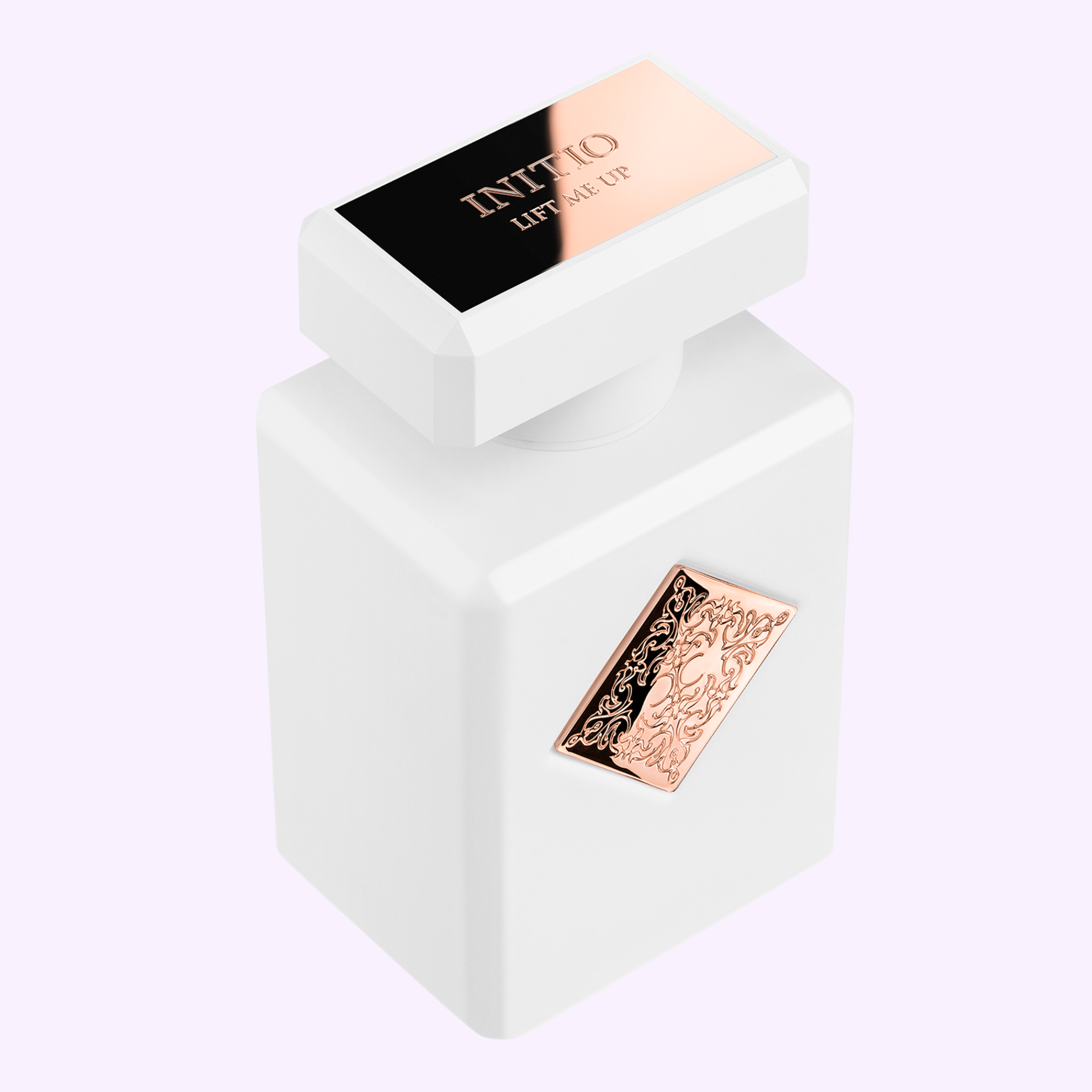 A white Initio Perfumes LIFT ME UP Extrait de Parfum 3.0 Oz women’s bottle with a gold and black cap and gold plaque, shown on a light purple background.