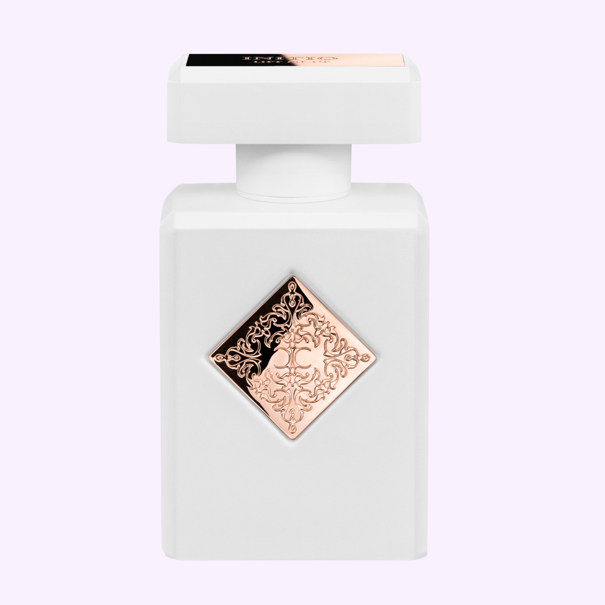 A white perfume bottle with a square cap and a rose gold diamond label on the front, set against light lavender, elegantly showcases INITIO Parfums Prives LIFT ME UP EXTRAIT DE PARFUM 3.0 Oz Women Perfume by Initio Perfumes.