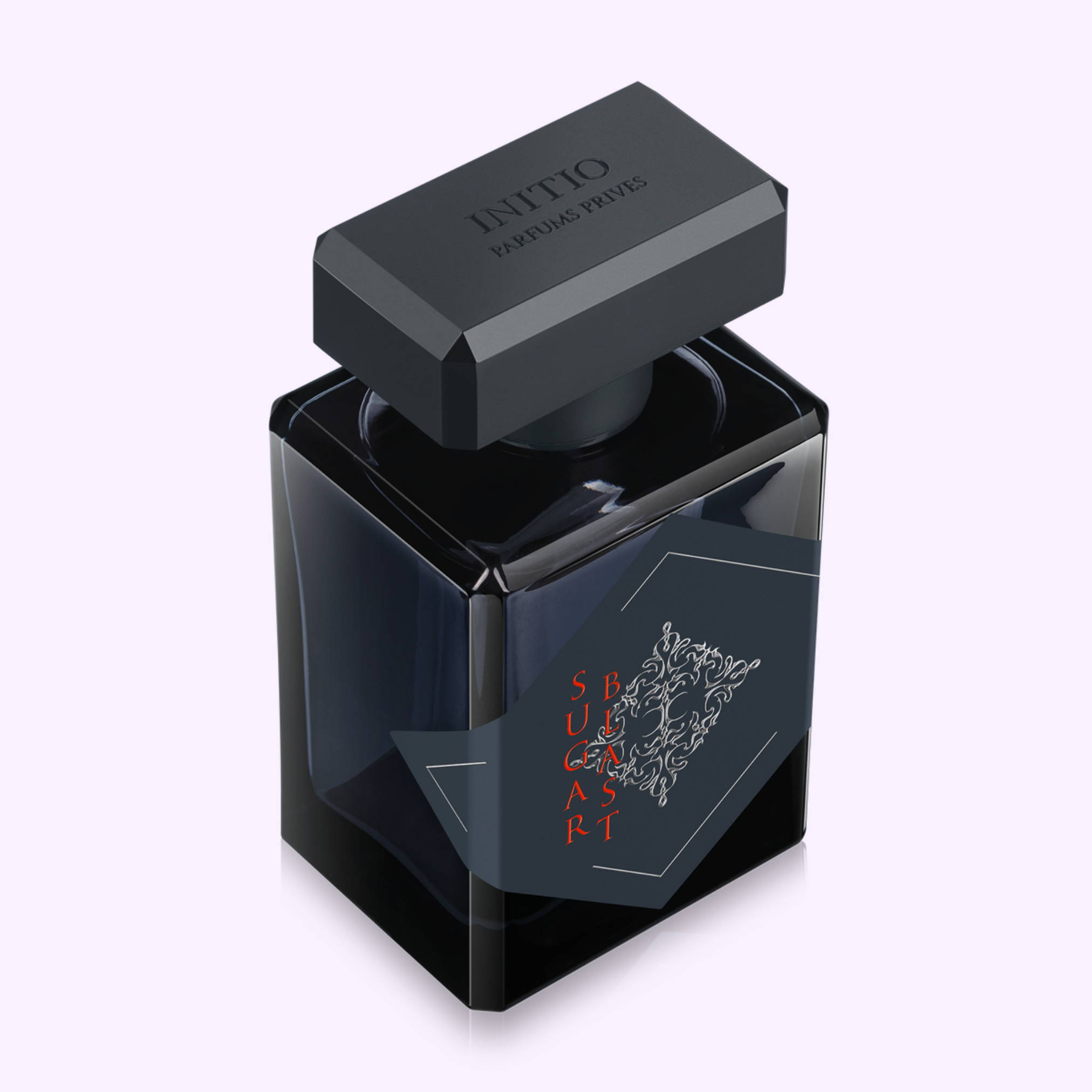 A sleek, dark glass bottle with a matte black cap labeled Initio Perfumes holds SUGAR BLAST EDP 3.0 Oz unisex perfume, featuring intricate silver and red detailing on its geometric label for a captivating gourmand scent.