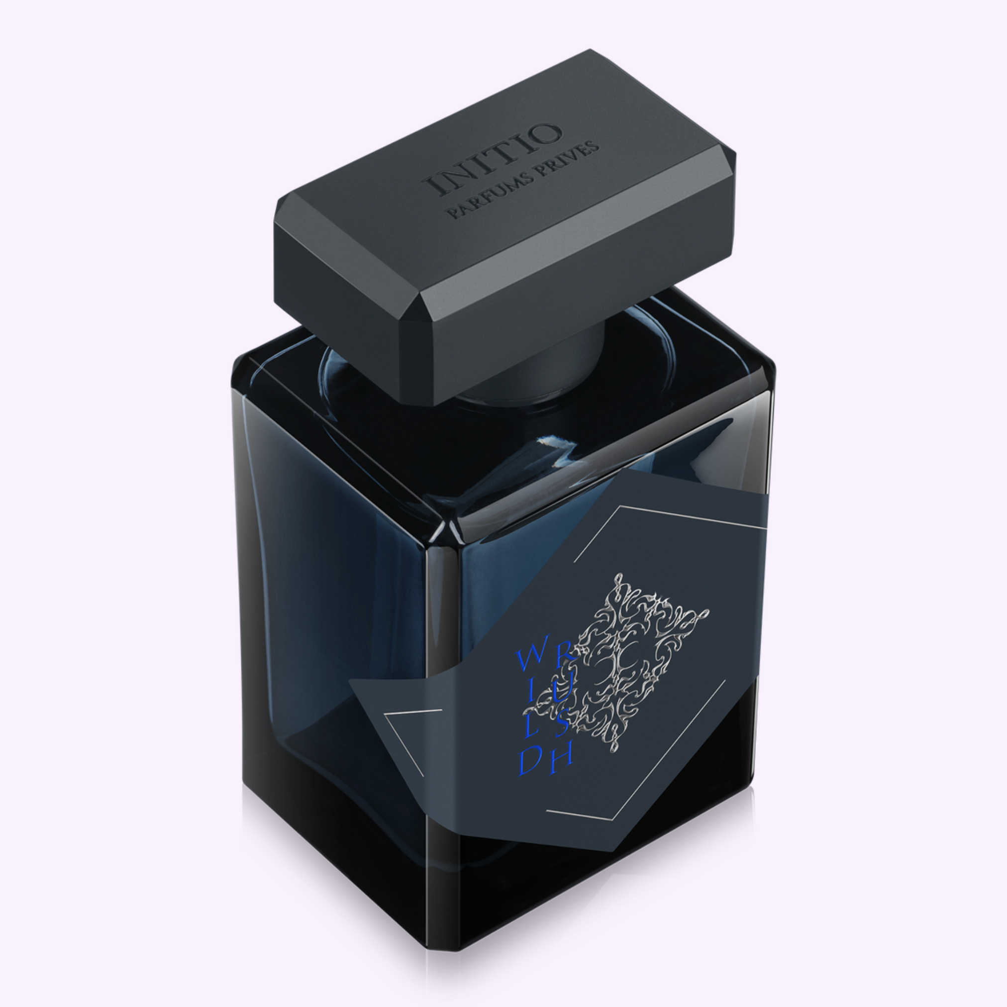 A dark, square bottle with a matte black cap and 