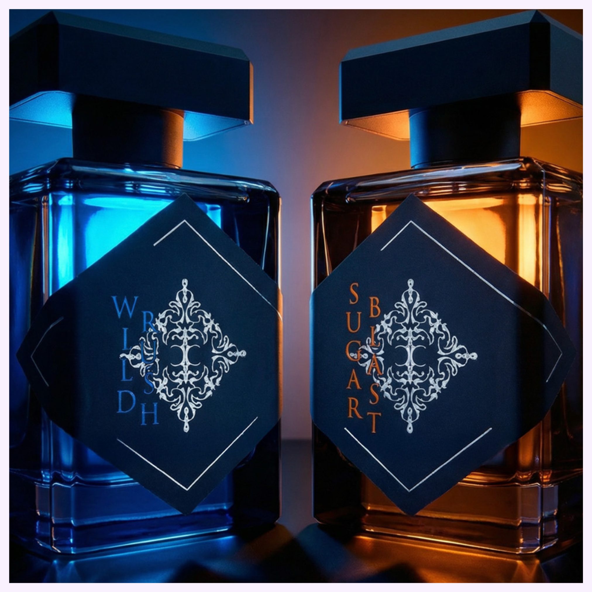 Two unisex Initio Perfumes bottles stand side by side: the blue WILD RUSH EDP 3.0 Oz and amber Sugar Blast, both with ornate black diamond tags and dramatic lighting, echoing INITIO Parfums Prives’ bold style.