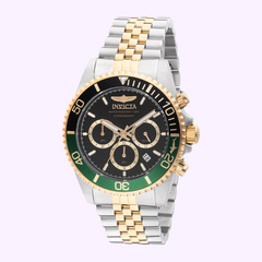 The Invicta Watches Men's 48116 Pro Diver Quartz Chronograph features a black and green bezel, gold and silver metal band, and multi-dial black face, shown against a light background.