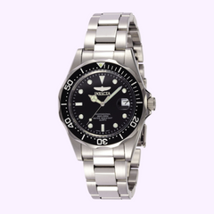 An Invicta Men's 8932 Pro Diver Quartz 3 Ha wristwatch by Invicta Watches with a black dial, white markers, rotating bezel, and date window at 3 o’clock is displayed on a light purple background.