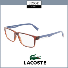 The Lacoste Sunglasses L2897-230 / HAVANA BIO INJECTED Optical eyewear features brown and blue rectangular frames. The Lacoste logo is shown at the bottom, with the Lexor Miami logo at the top of the image.