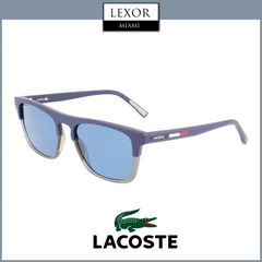 Lacoste Sunglasses L610SND - 424 feature matte blue bio injected rectangular frames with blue mirrored lenses, shown on a white background. Lacoste and Lexor Miami logos are displayed above and below the image.