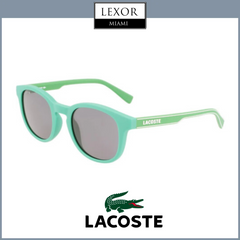 Lacoste L3644S 48/21/MATTE GREEN Sunglasses, authentic with round dark lenses, are shown at an angle. The Lacoste logo and crocodile graphic appear below, topped by a Luxor Miami label—ideal for Miami sunglasses style.