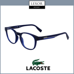The Lacoste L3654 46/18/BLUE LUMI Optical eyeglasses from Lacoste Sunglasses feature round blue frames, the iconic green crocodile logo below, and a Lexor Miami logo above, displayed on a white background.