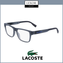 A pair of Lacoste L3655 49/15/GREY LUMI Optical glasses, rectangular with clear lenses, is shown on a white background. “Lacoste Sunglasses” and “100% authentic” appear at the top, with the green crocodile logo below.