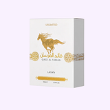 White box of LATTAFA QAED AL FURSAN UNLIMITED 3.0 oz EDP Unisex Perfume by Lattafa Perfumes, with a golden horse and Arabic script on the front, set against a light purple background.