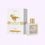 A white and gold box and bottle of LATTAFA QAED AL FURSAN UNLIMITED 3.0 oz EDP Unisex Perfume by Lattafa Perfumes, with a horse illustration and Arabic text, shown on a light purple background.