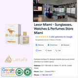 Perfume bottle and gold horse packaging featuring LATTAFA QAED AL FURSAN UNLIMITED 3.0 oz EDP Unisex Perfume by Lattafa Perfumes. Lexor Miami store photo, Google reviews, badges, and Lattafa Perfumes logo bottom left.