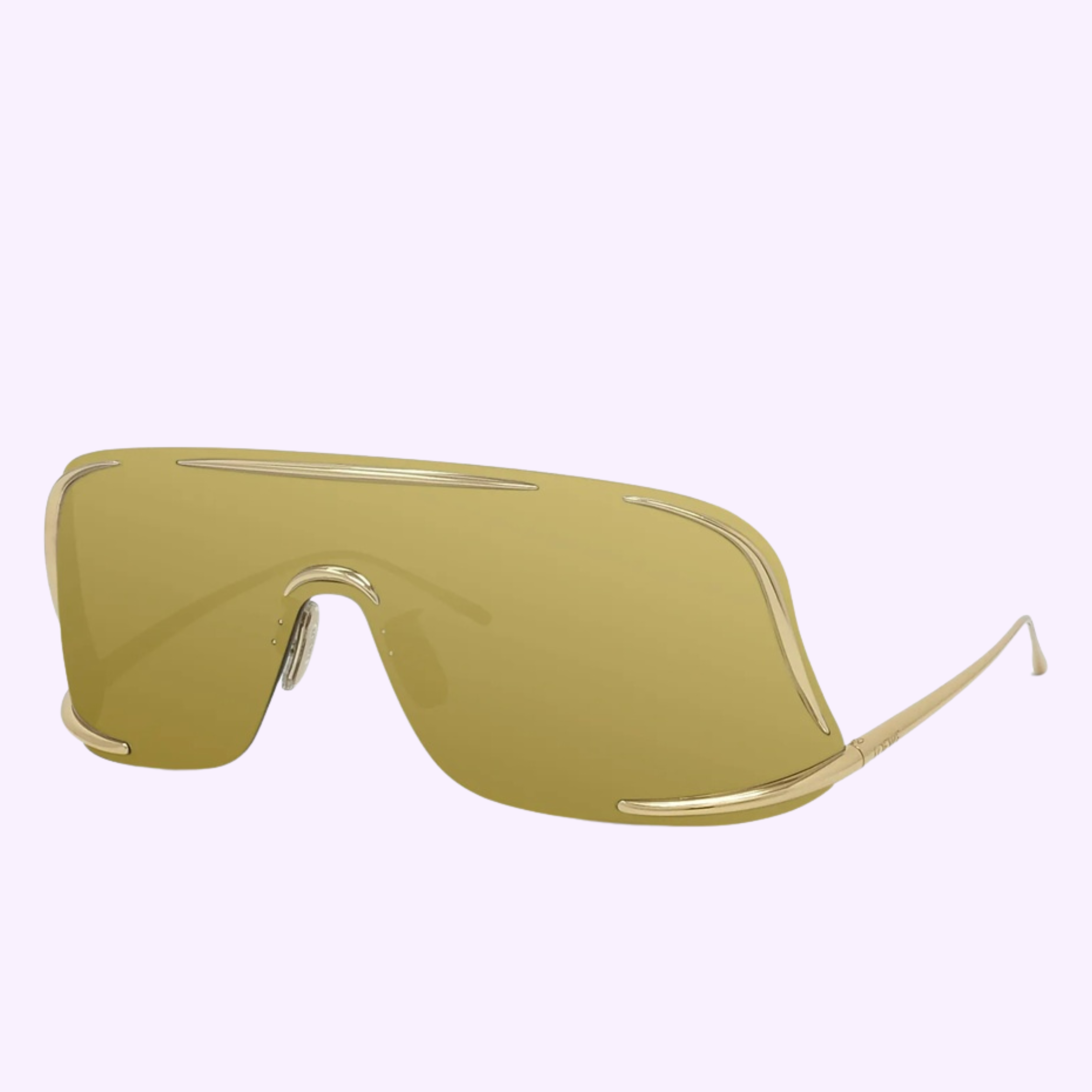 The LOEWE Sunglasses LW40193U 0030G Man by Loewe feature a single curved yellow lens, thin gold metal frames, and unique edge detailing, showcased on a light purple background.