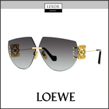 The Loewe LW40049U 30B 71 Unisex Sunglasses feature gradient black rimless lenses, gold side details, black arms, and angular design. LOEWE branding is below, with the LEXOR MIAMI logo at the top of the image.
