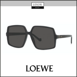Loewe LW40061I 01A 61 Unisex Sunglasses: black oversized square frames with dark lenses, slim arms, and a gold Loewe logo at the temple. Image shows "LEXOR MIAMI" on top and "LOEWE" at bottom. Brand: Loewe Sunglasses.