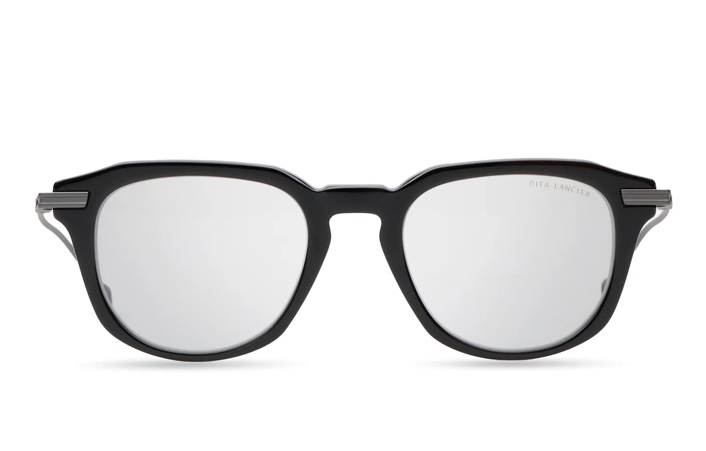 The Dita Optical Frames DLX434-A-01 LSA-434 by Dita Sunglasses feature black frames with silver temple accents, handcrafted in a style inspired by luxury eyewear, and are displayed front-facing on a white background.