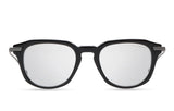 The Dita Optical Frames DLX434-A-01 LSA-434 by Dita Sunglasses feature black frames with silver temple accents, handcrafted in a style inspired by luxury eyewear, and are displayed front-facing on a white background.