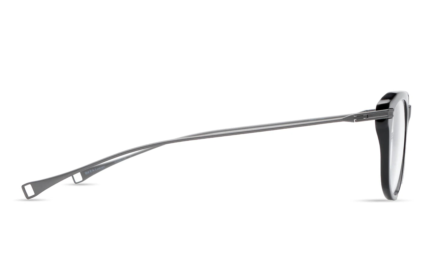 Side view of Dita Optical Frames DLX434-A-01 LSA-434 by Dita Sunglasses, featuring a black rectangular frame and thin silver metal temple, highlighting the elegance of handcrafted eyewear against a white background.