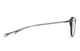 Side view of Dita Optical Frames DLX434-A-01 LSA-434 by Dita Sunglasses, featuring a black rectangular frame and thin silver metal temple, highlighting the elegance of handcrafted eyewear against a white background.