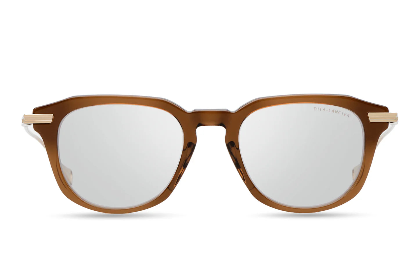The Dita Optical Frames DLX434-A-03 LSA-434 by Dita Sunglasses feature a Copperhead Brown Japanese acetate geometric frame with silver reflective lenses and gold metal temple accents, displayed front view on a white background.