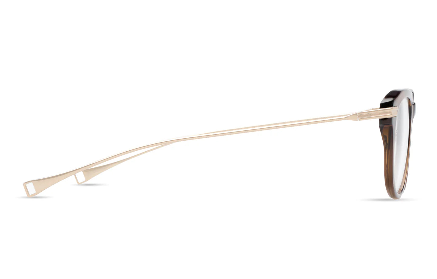 Side view of Dita Optical Frames DLX434-A-03 by Dita Sunglasses, showcasing thin, light metal arms and a dark Copperhead Brown frame with a modern, minimalist design and subtly curved temple tips.