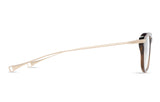 Side view of Dita Optical Frames DLX434-A-03 by Dita Sunglasses, showcasing thin, light metal arms and a dark Copperhead Brown frame with a modern, minimalist design and subtly curved temple tips.