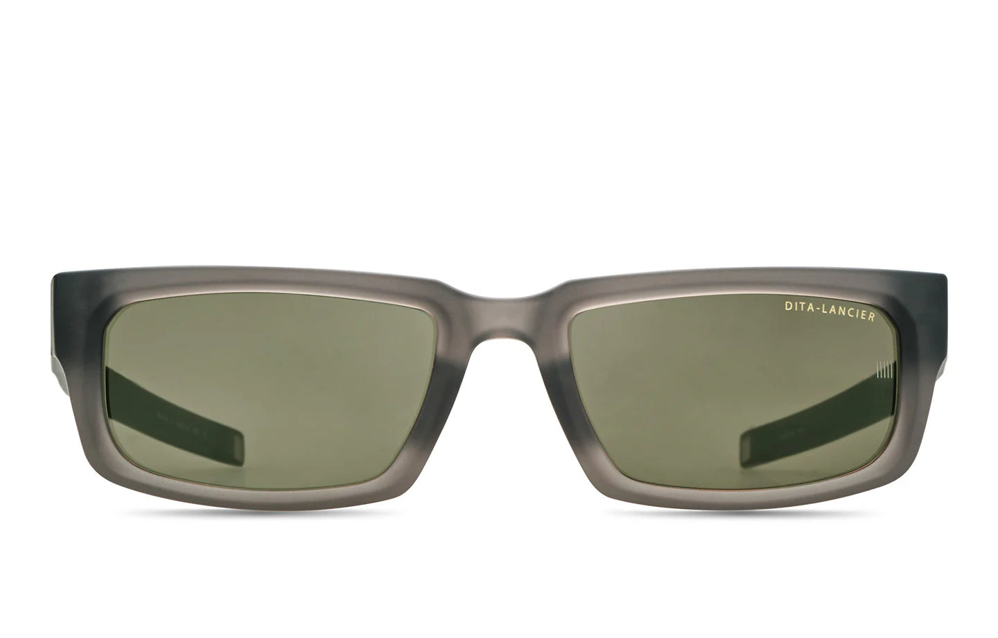 Front view of Dita Sunglasses DLS714-A-03 LSA-714 with thick matte gray rectangular frames and green-tinted lenses. Crafted with Japanese precision, these luxury sunglasses display 