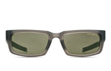 Front view of Dita Sunglasses DLS714-A-03 LSA-714 with thick matte gray rectangular frames and green-tinted lenses. Crafted with Japanese precision, these luxury sunglasses display "DITA-LANCIER" in gold on the lens.