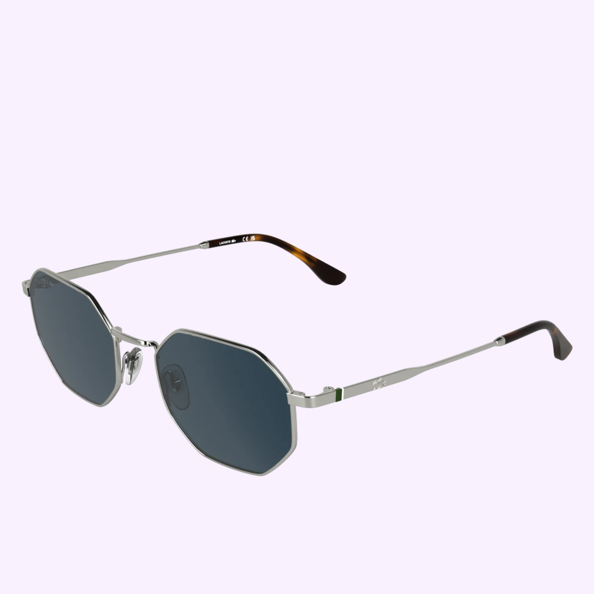 A pair of authentic Lacoste Sunglasses L280S 5320-040 featuring geometric silver metal frames, dark blue lenses, and thin arms with black tips, displayed on a light purple background.