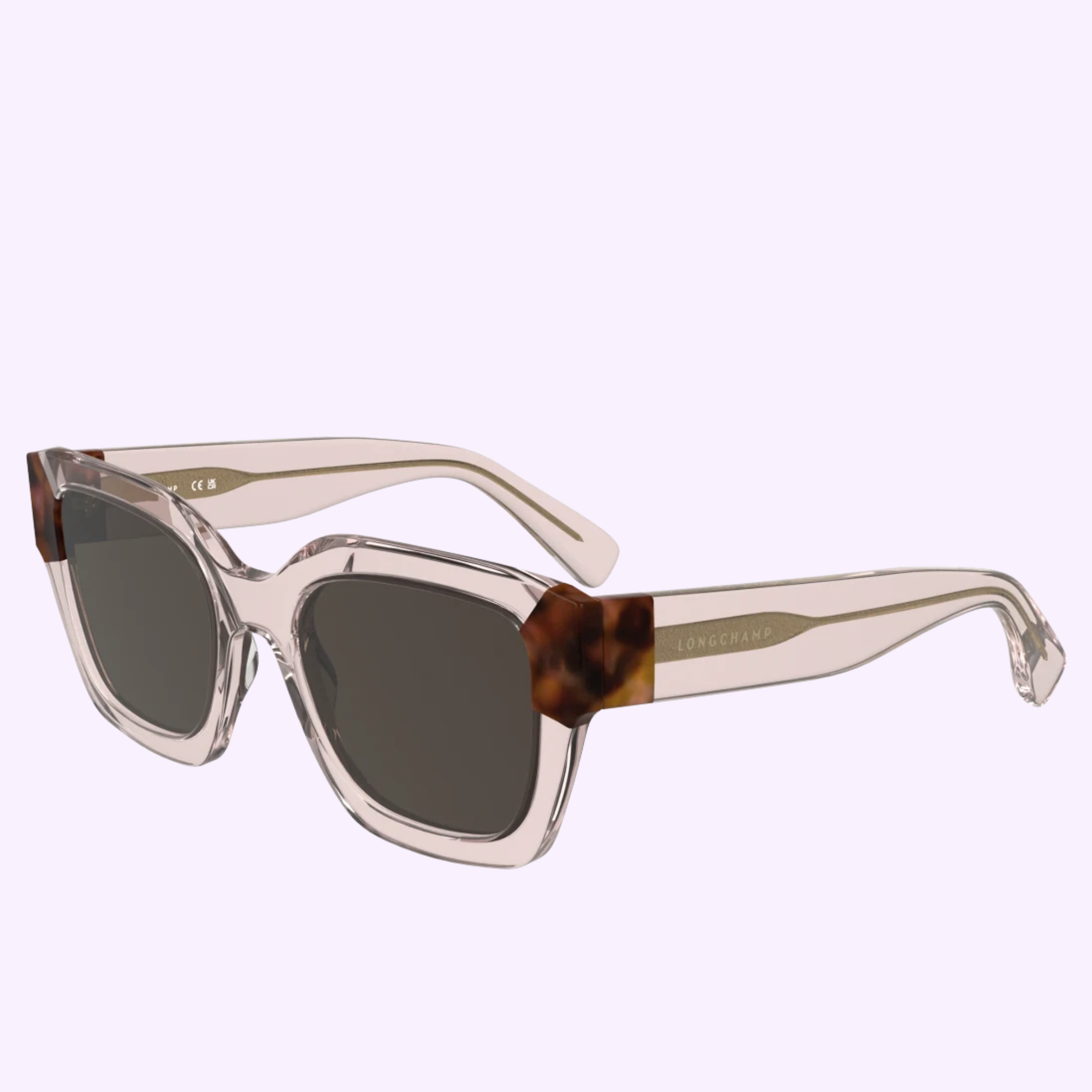 Lacoste Sunglasses LO771S N 5020-613: Clear frames, rectangular dark lenses, brown tortoiseshell corners, and Lacoste branding on the temple. 100% authentic, shown on a light background.