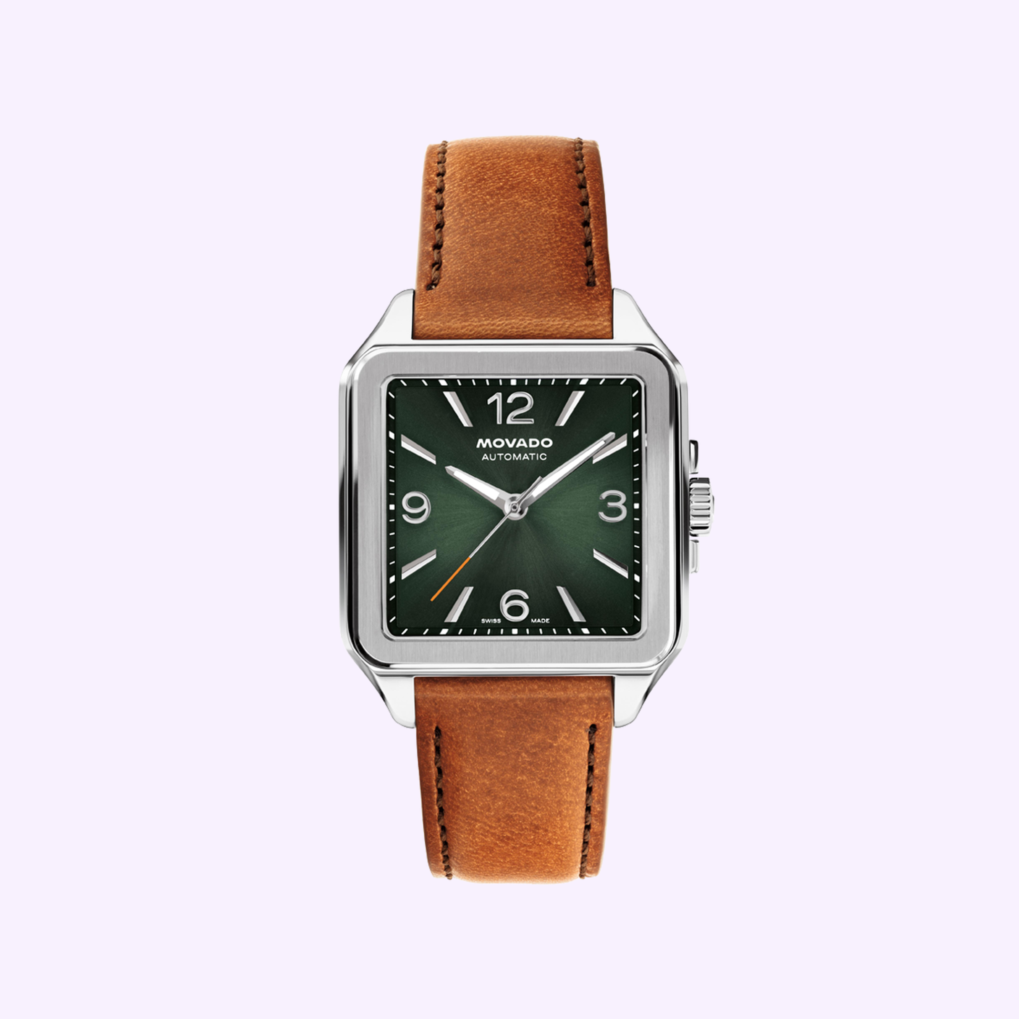 The Movado Watches 3650253 features a vintage-inspired square case, green dial with silver markers, brown leather strap, and silver bezel, shown on a light purple background. Brand: Movado Watches.