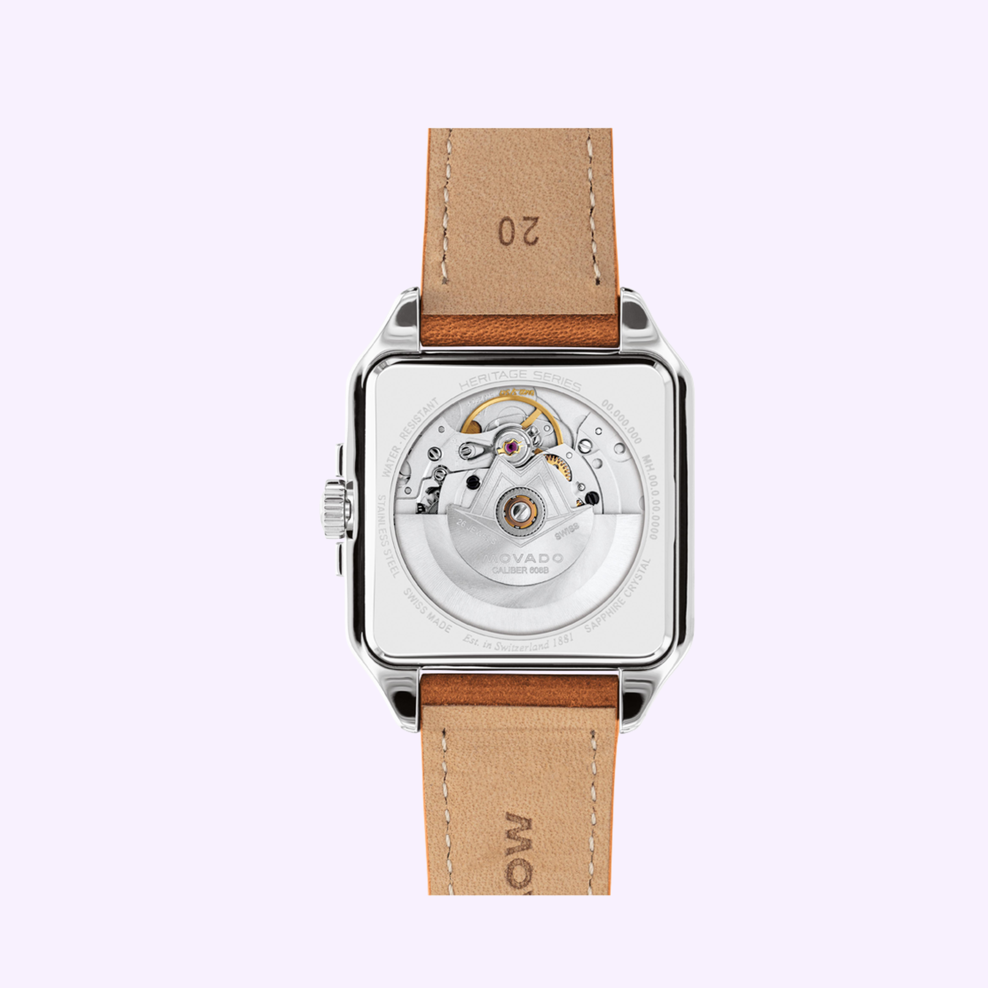 Vintage-inspired Movado Watches 3650253 features a square case, brown leather strap, and exposed mechanical movement seen through a transparent back, all set against a light purple background.