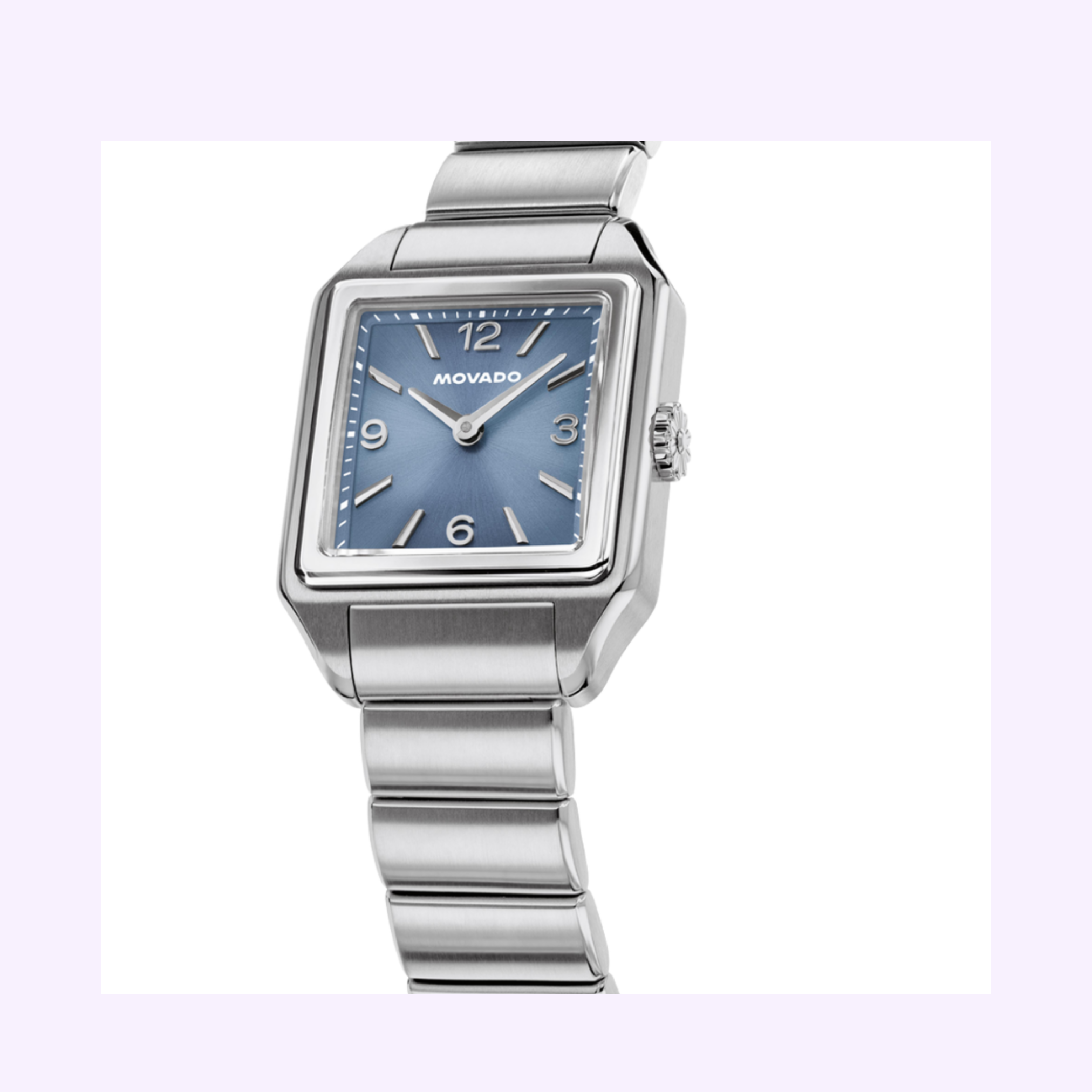 The Movado Watches 3650248 features a square blue face, silver markers, and a metal link band, all in a vintage-inspired silver design. Presented against a white background with a light purple border for added style.