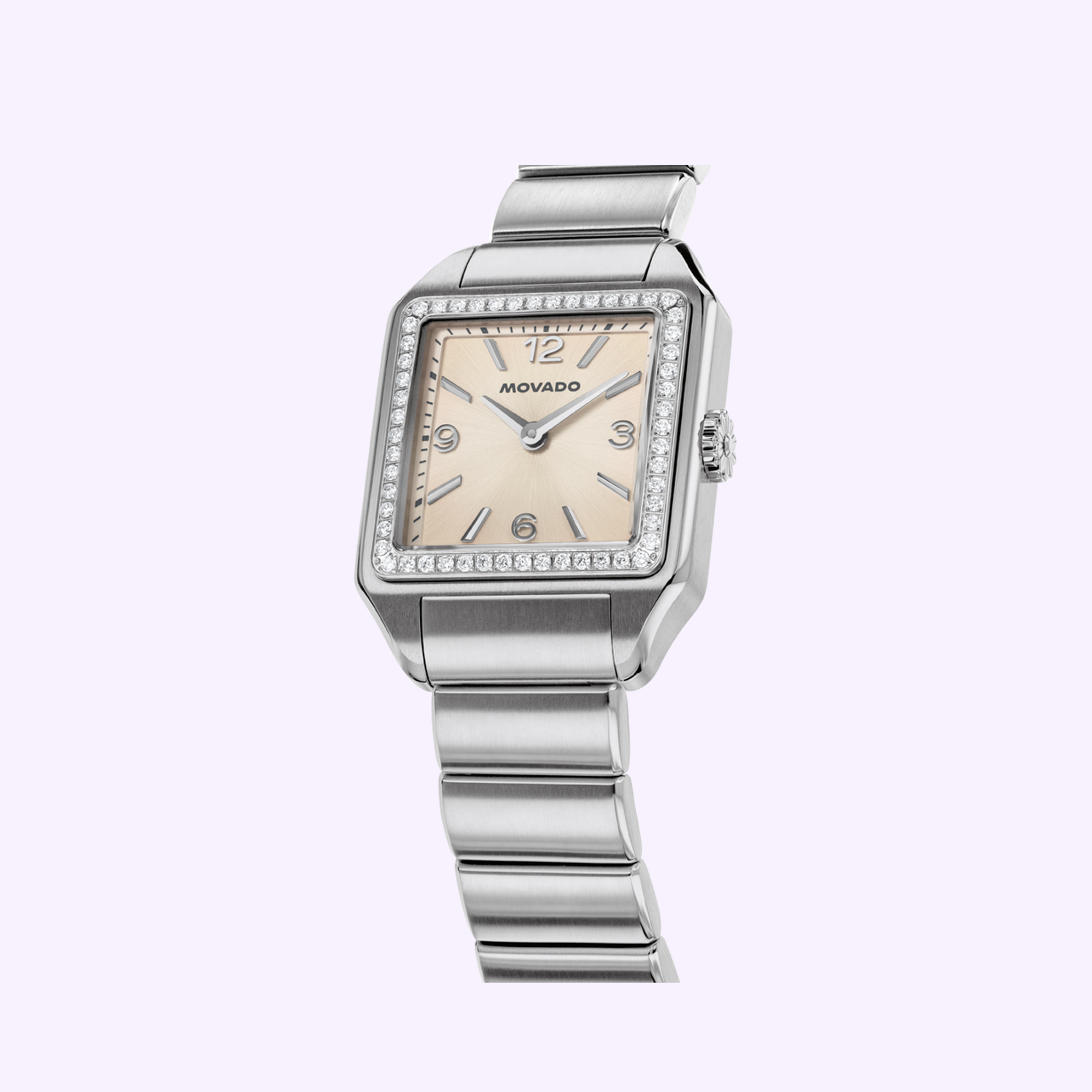 The Movado Watches 3650251 Heritage 1917 features a silver square case, diamond-studded bezel, Art Deco-inspired dial with Arabic numerals and silver hour markers, on a metal link bracelet, displayed against a light background.