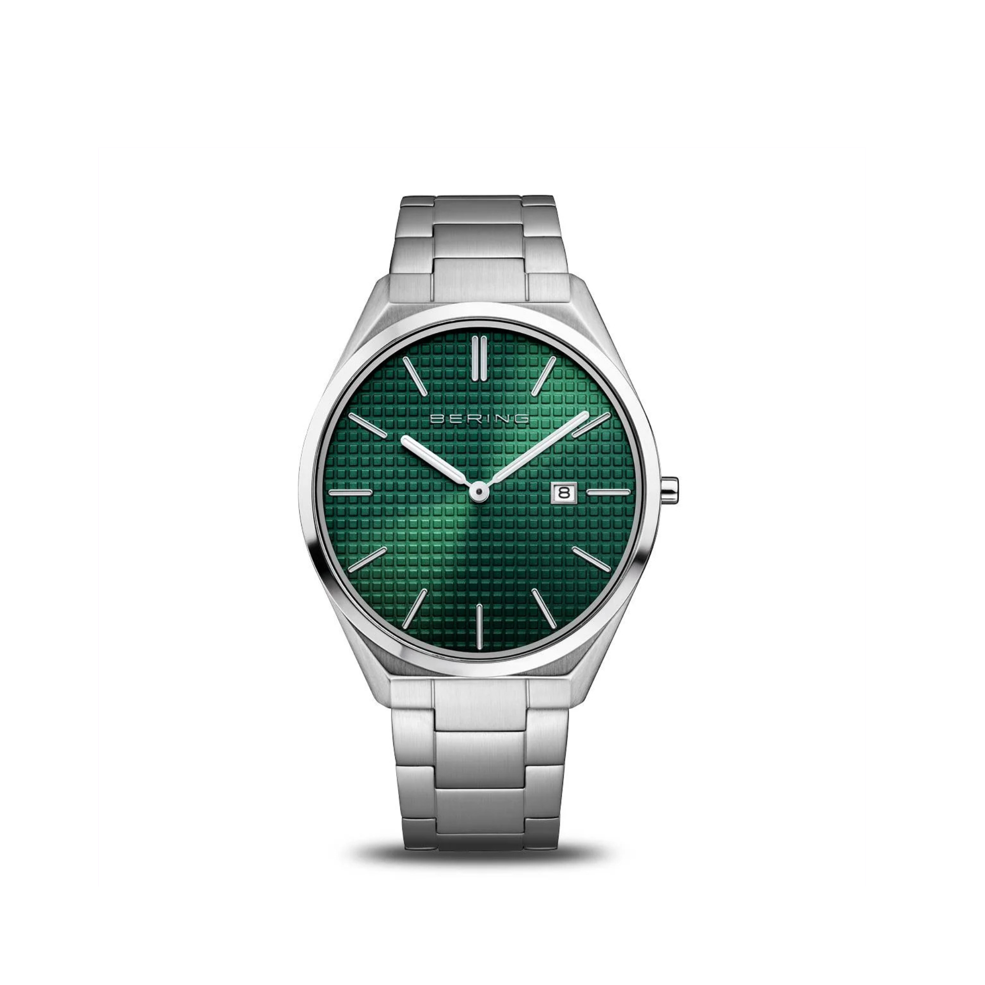 The Bering Watches Classic Ultra Slim 17240-708 features a polished/brushed silver finish with a green textured dial, silver hour markers, and a date window at 3 o’clock, shown on a plain white background.