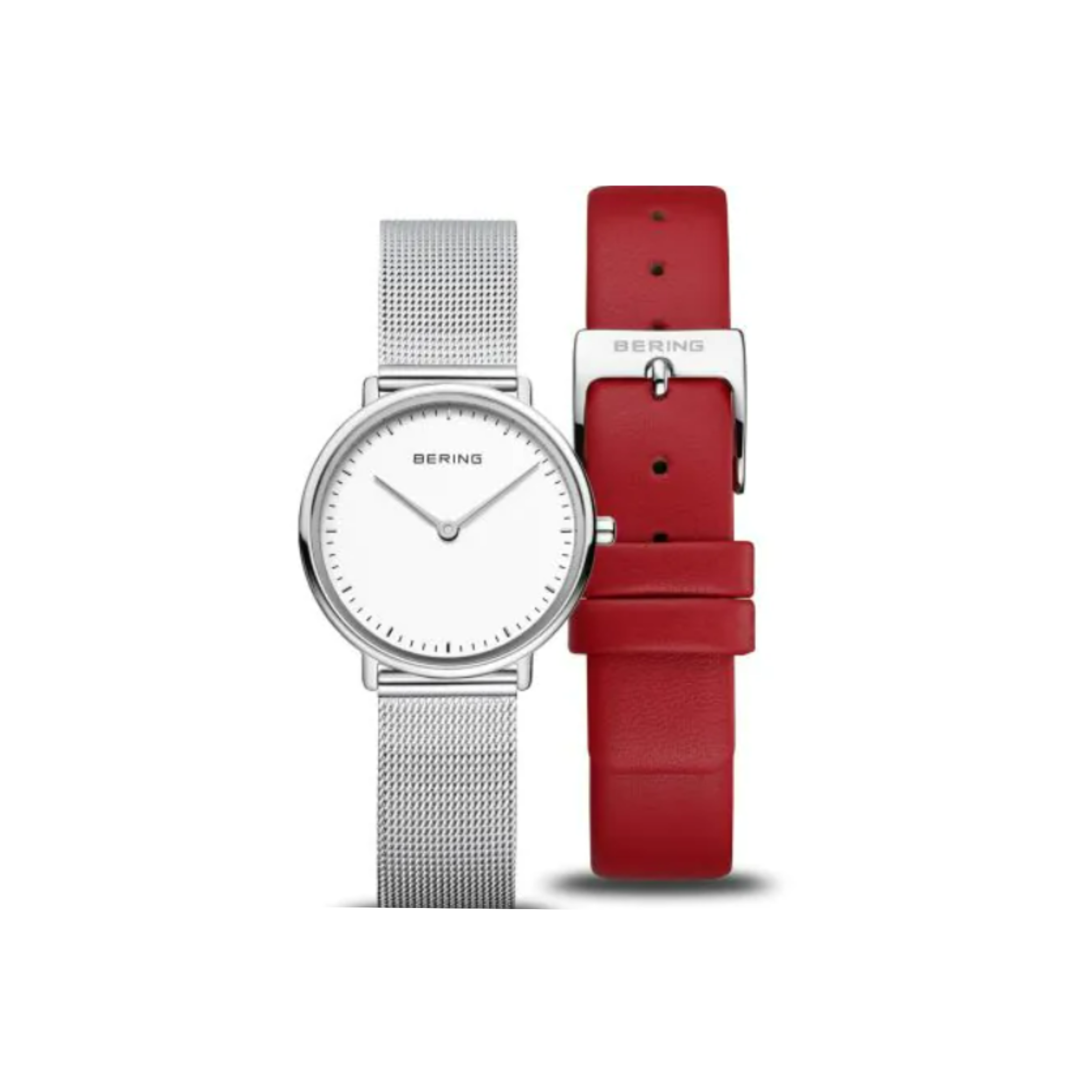 The Bering Watches Classic 15729-604 features a minimalist steel case, silver mesh band, and elegant silver-tone accents, displayed with an additional red leather strap—an elegant duo from Bering Watches.
