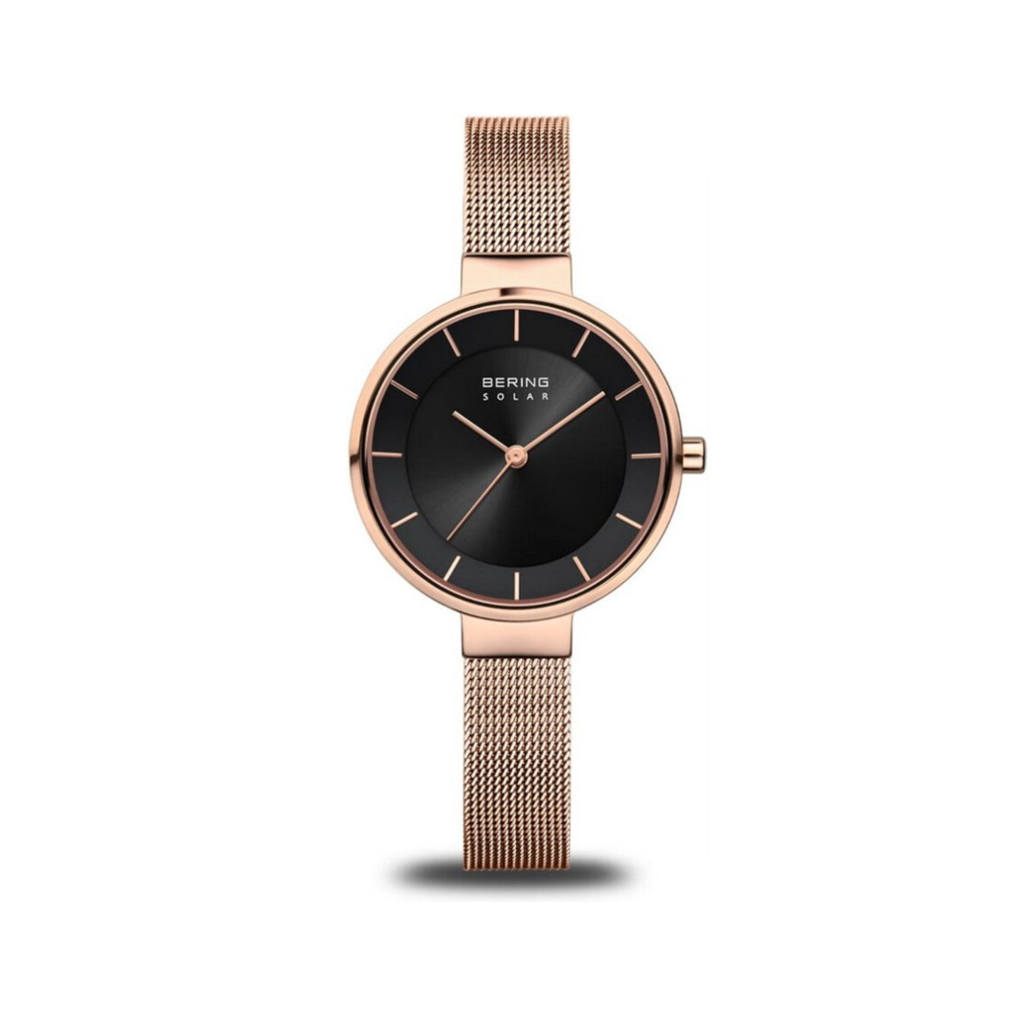The Bering Watches Classic 14631-362 features a rose gold case, black round dial with slim hour markers, mesh metal band, and minimalist Danish design. 