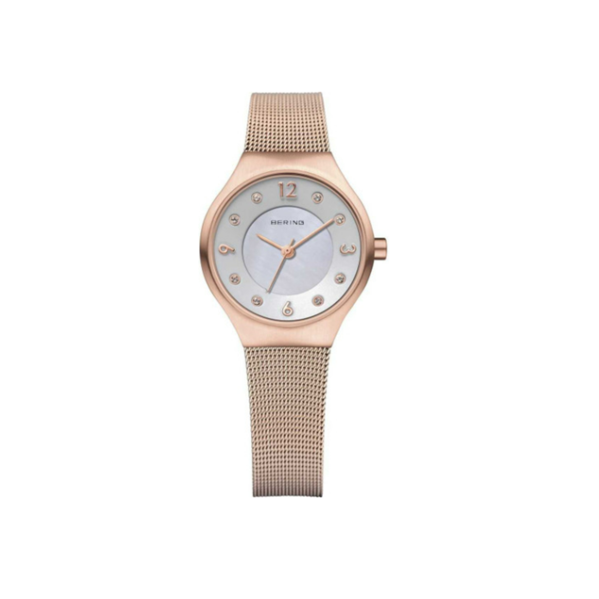 The Bering Watches Solar Ladies Rose Gold Plated Milanese Mesh Watch (14427-366) features a white face, gold hour markers with crystals, and a standout 12 beneath the Bering Watches logo for a stylish look.