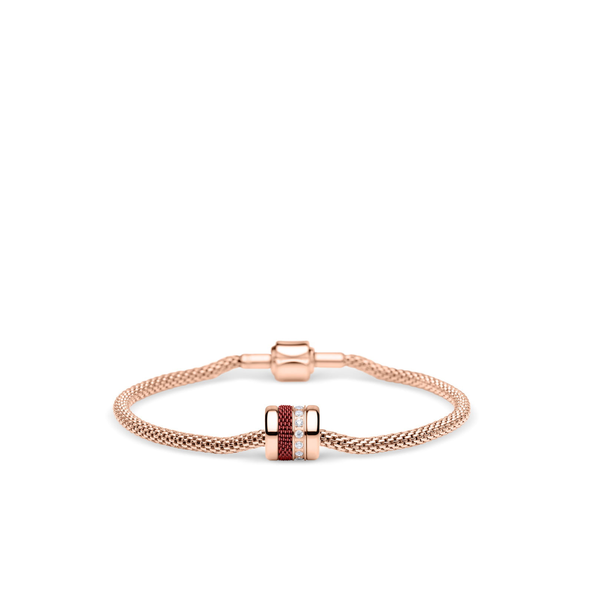 The Bering Watches Solar Ladies Rose Gold Plated Milanese Mesh Watch (14427-366) features a Milanese mesh bracelet with three decorative rings, accented in white and red, shown on a white background.