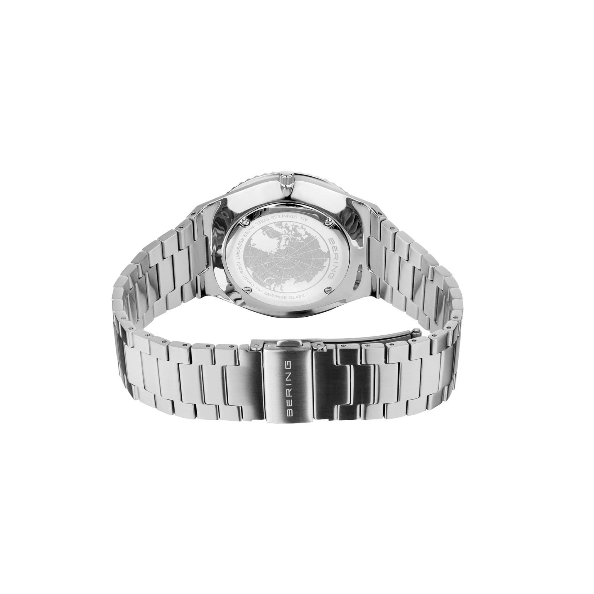 The Bering Watches 18940-707 Classic wristwatch, shown from the back, features a polished/brushed silver stainless steel bracelet and an engraved map on the case inspired by Vitus Bering’s legendary Arctic sailing voyages.