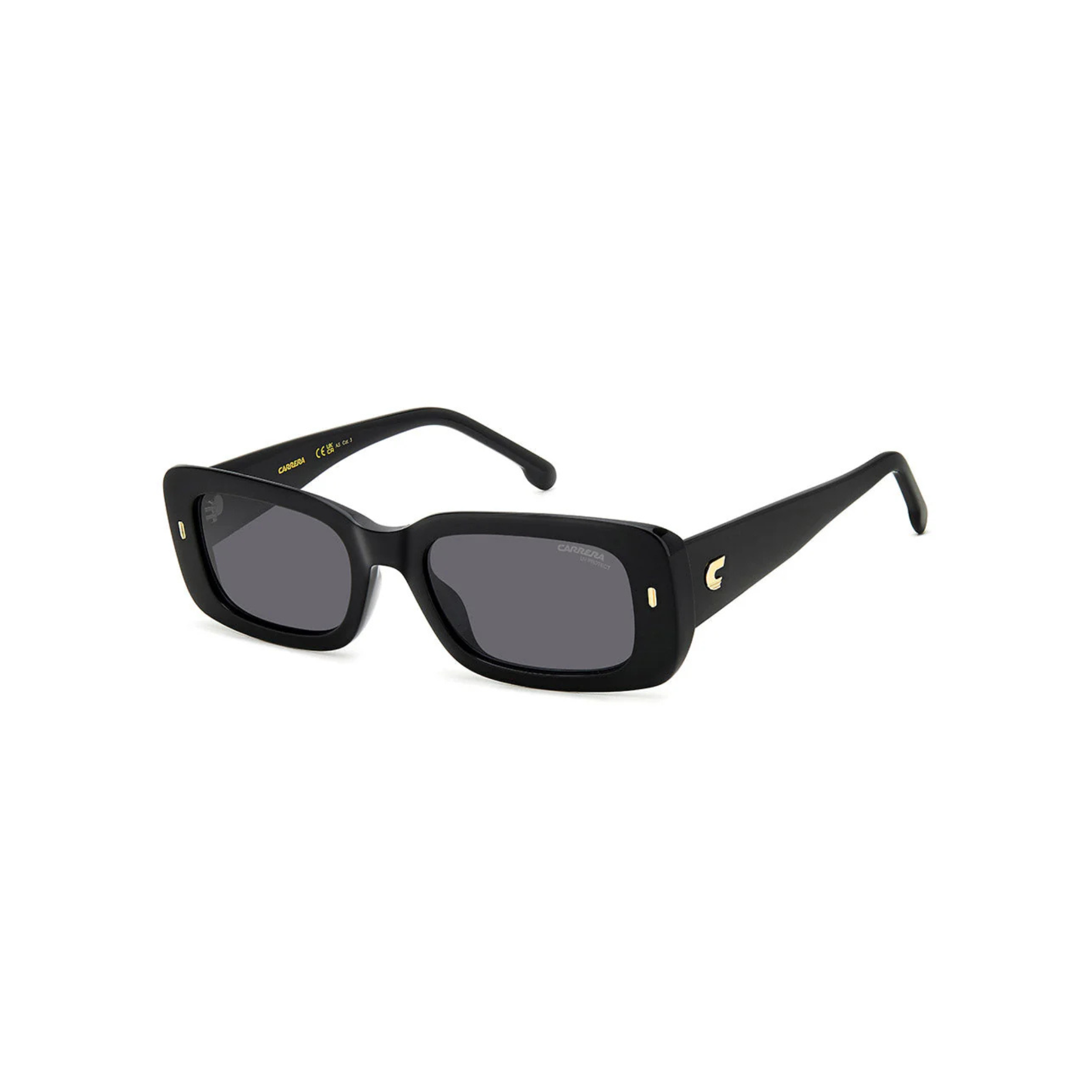 CARRERA 3014/S 807 Black by Carrera Sunglasses: Authentic rectangular sunglasses featuring thick black frames, dark lenses, and gold arm accents—displayed on a white background for a true Miami style vibe.