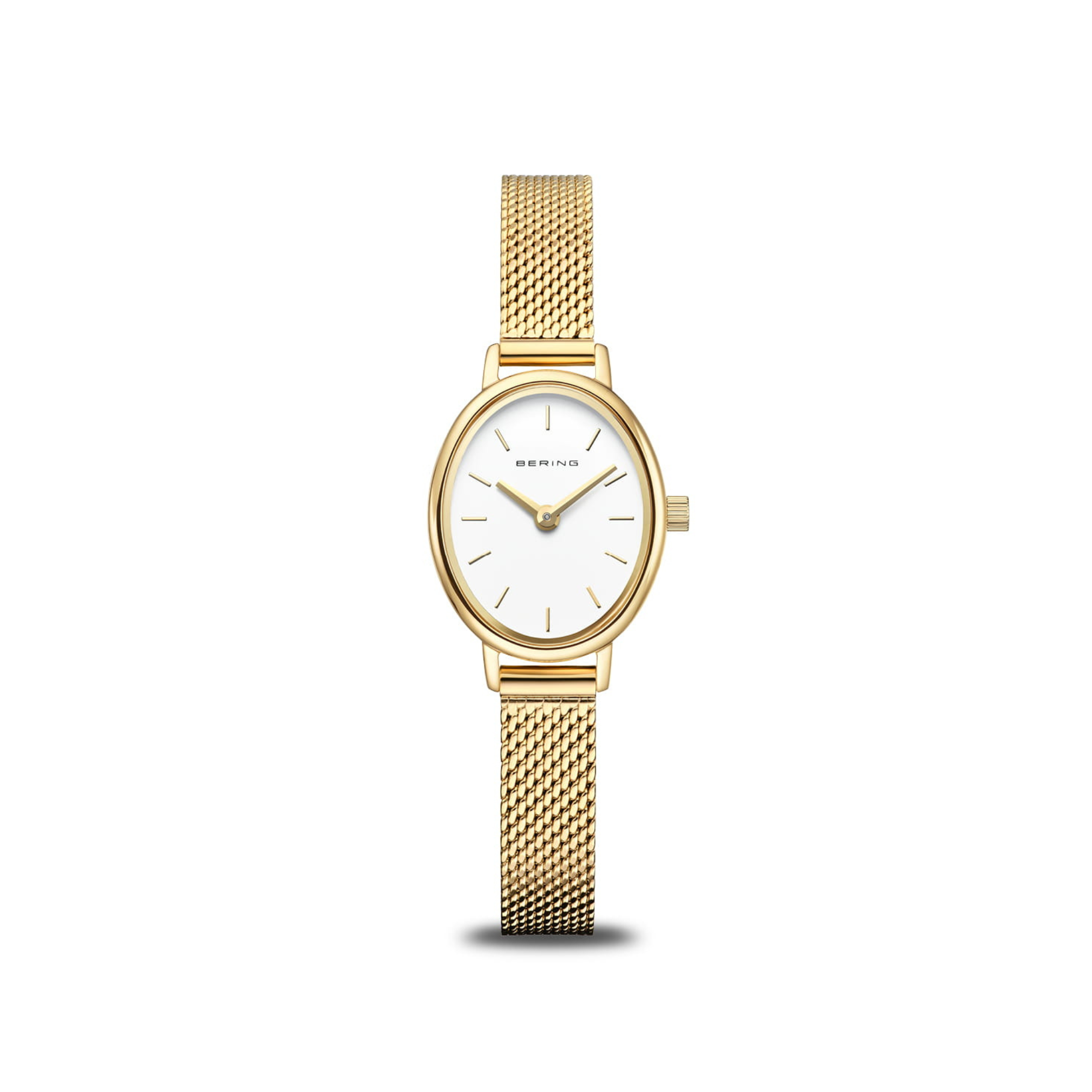 The Bering Watches Classic 11020-334 women's gold watch features a white oval face, minimal gold hour markers and hands, and a Milanese strap, shown against a plain white background. Brand: Bering Watches.