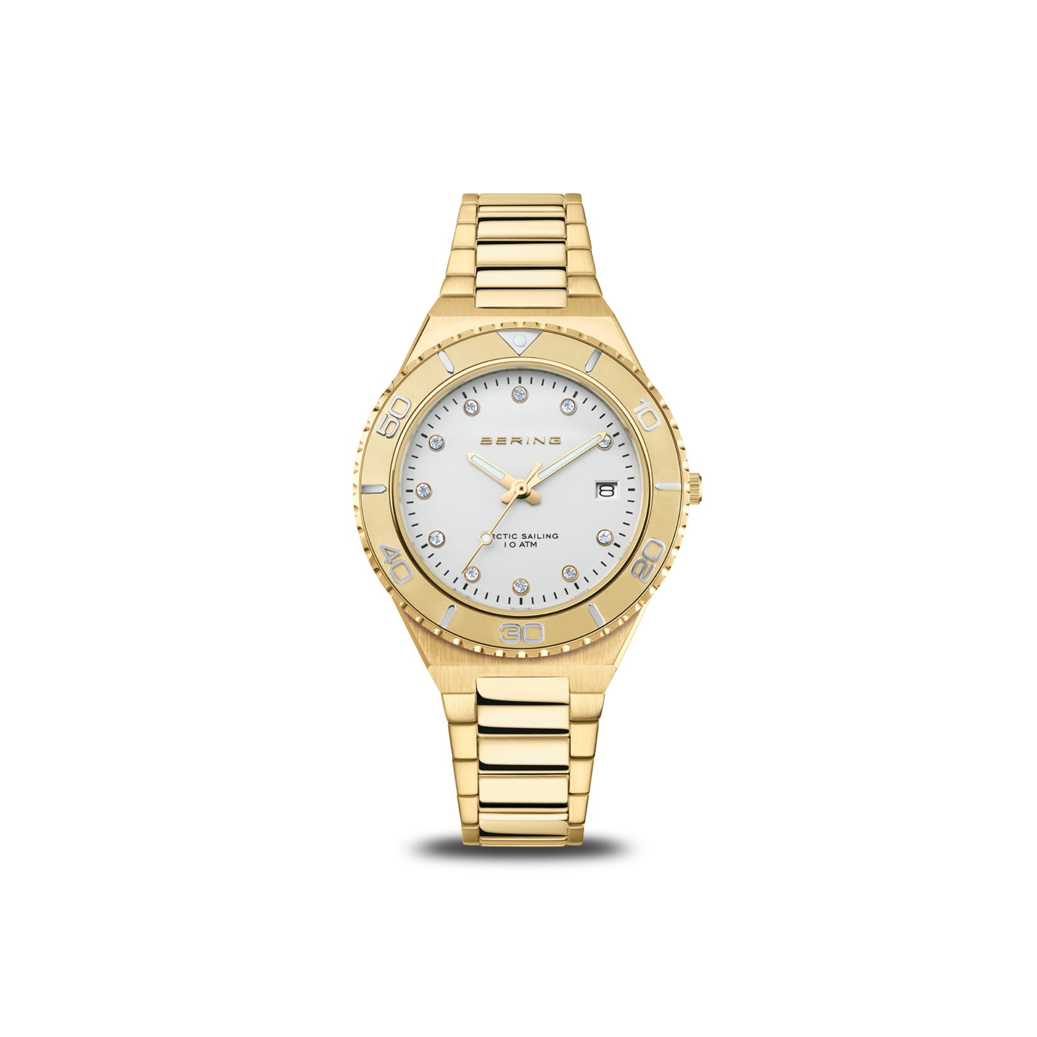 The Bering Watches Classic 18936-734 for women, in polished/brushed gold stainless steel, features a white dial with gold markers, date display, and a segmented gold band, reflecting Scandinavian minimalism against a plain white background.