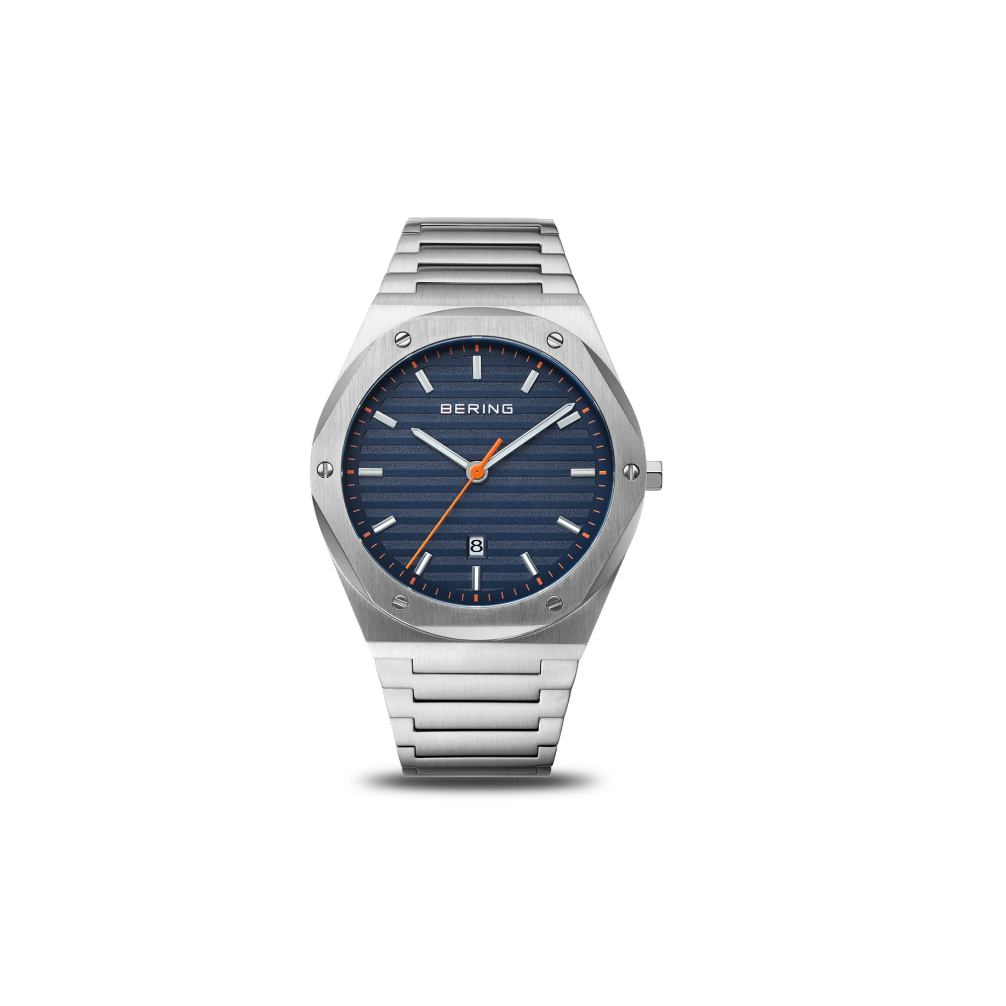 The Bering Watches Classic 19842-702 features a silver Milanese strap, blue textured face, orange second hand, white hour and minute hands, silver markers, date window at 6 o’clock, and Scandinavian minimalist style. Brand: Bering Watches.