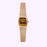 Gold-tone Bulova Watches Goddess of Time - Tiger’s Eye 97L185 women’s watch with a textured metal bracelet and a rectangular tiger eye stone dial.