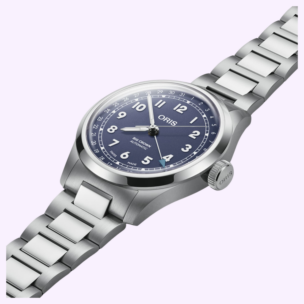 Oris Big Crown Pointer Date with lilac dial and steel bracelet