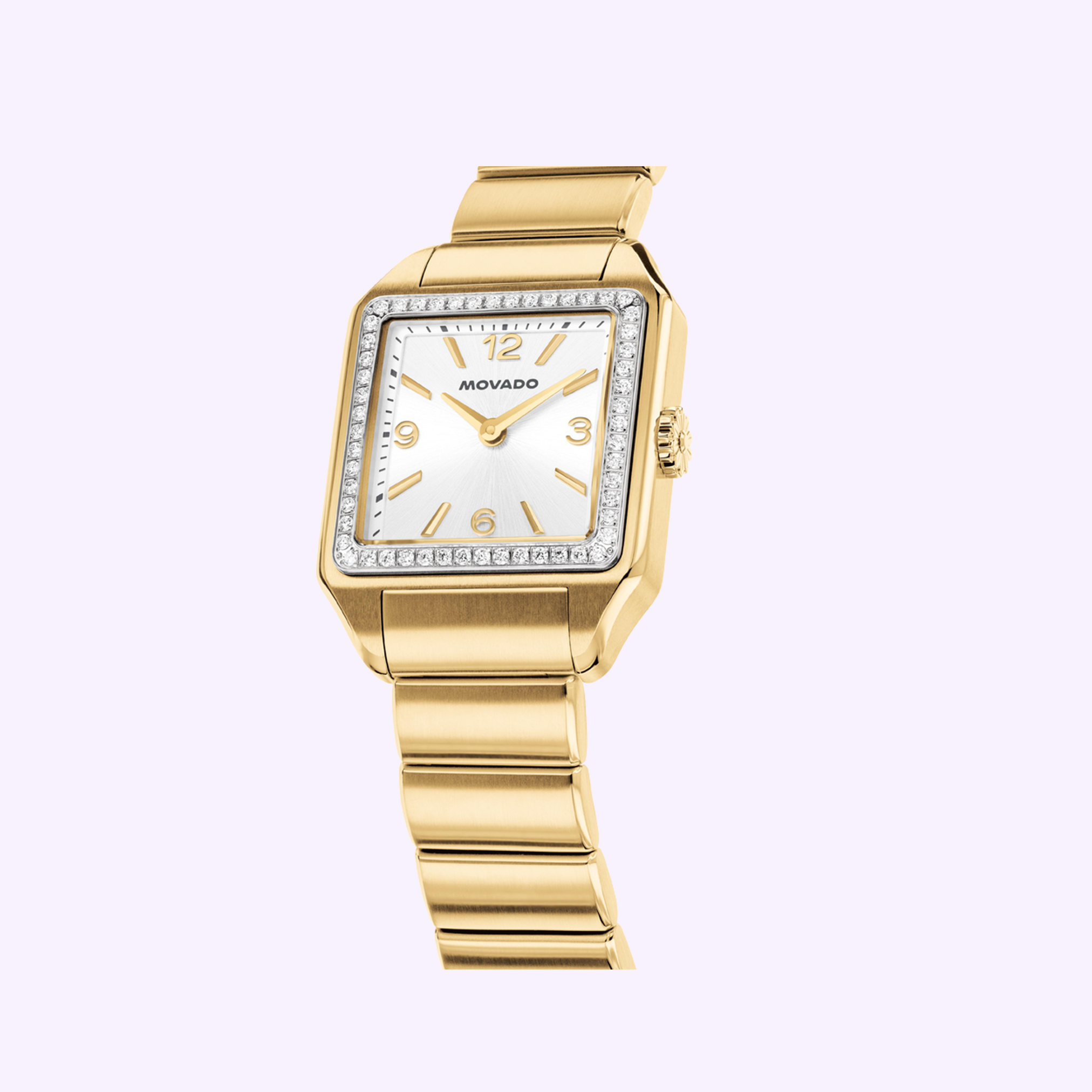 The Movado Watches 3650250 Heritage 1917 features a gold square case, metallic band, diamond-accented face, and minimalist gold hour markers for Art Deco elegance, shown on a plain light purple background.