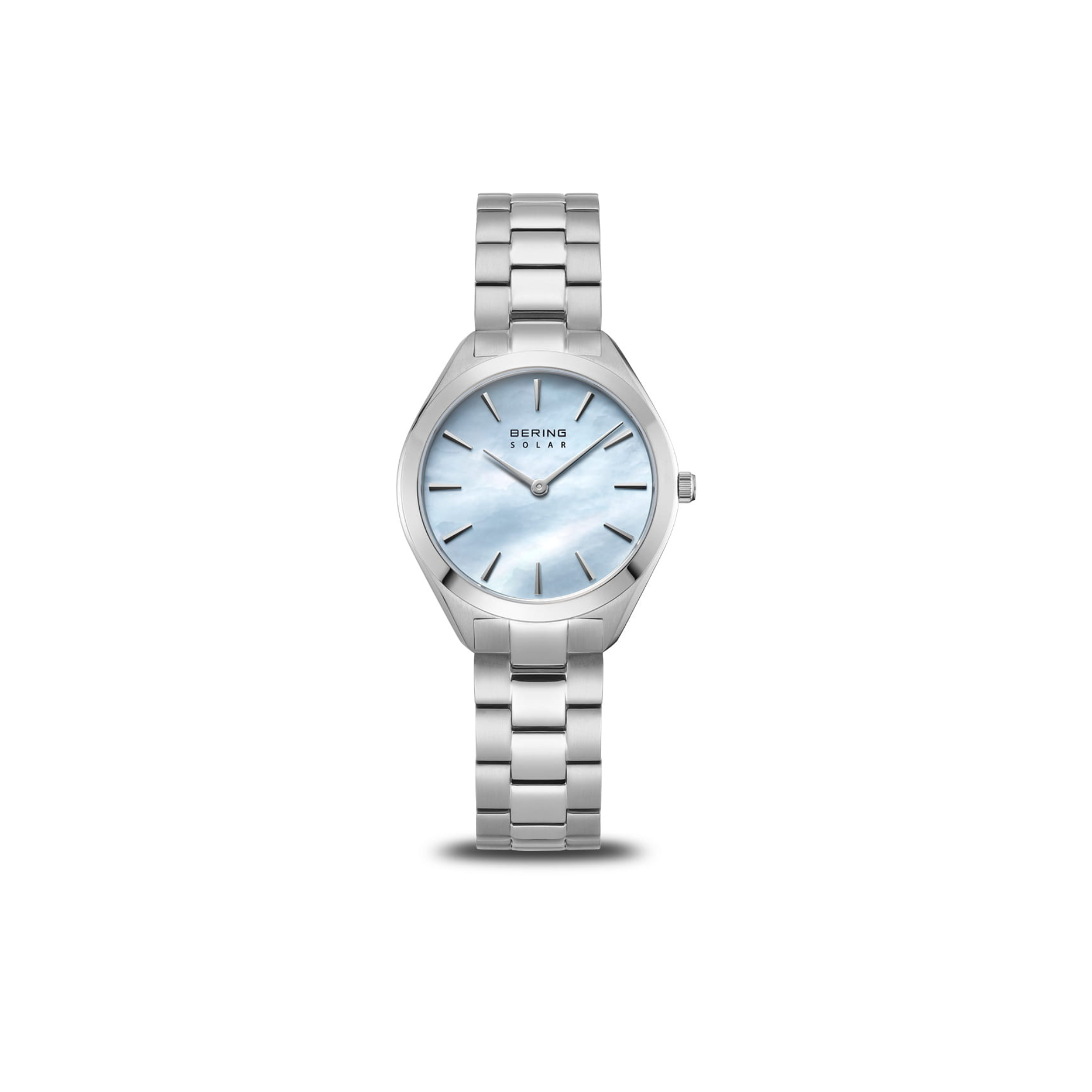 The Bering Watches Classic Solar (17331-707) features a polished silver metal link band and a light blue mother-of-pearl round dial with minimal hour markers, elegantly presented against a white background.
